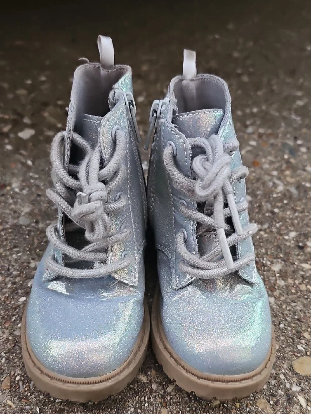 Old Navy Iridescent Silver Glitter Shimmer  Holographic Lace-Up Combat Boots 8